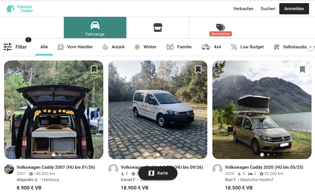 Screenshot von einem Portal für gebrauchte Camper. 