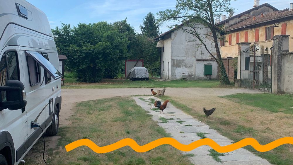 Ein Wohnmobil steht vor einem alten Bauernhof. Dazwischen laufen drei Hühner frei herum. 