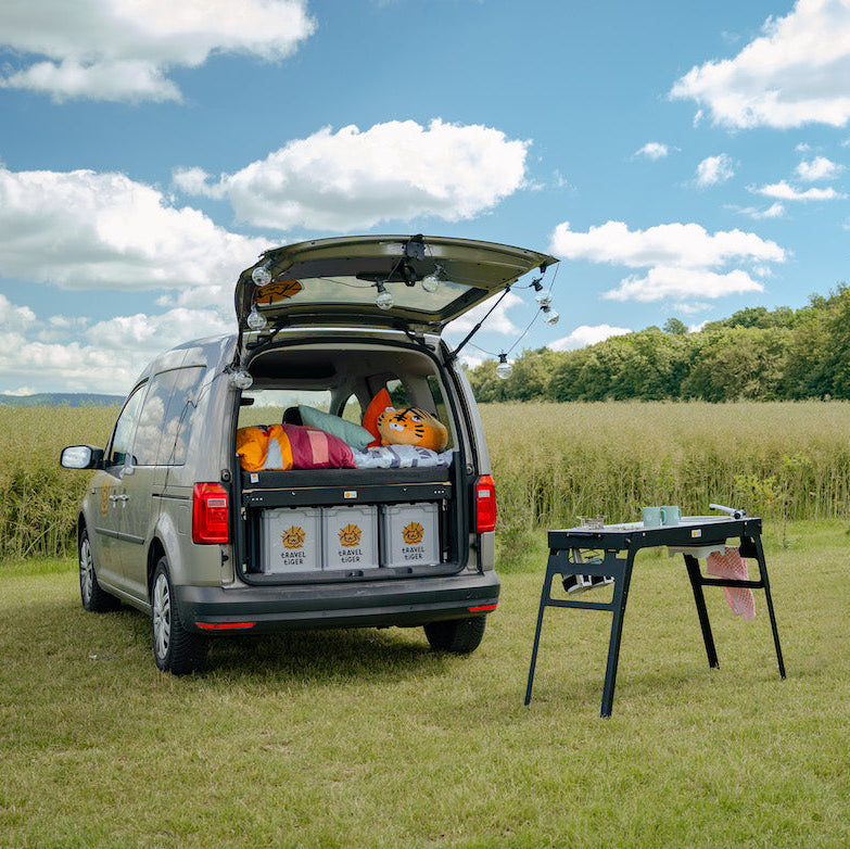 Bundle im Caddy auf grüner Wiese. 