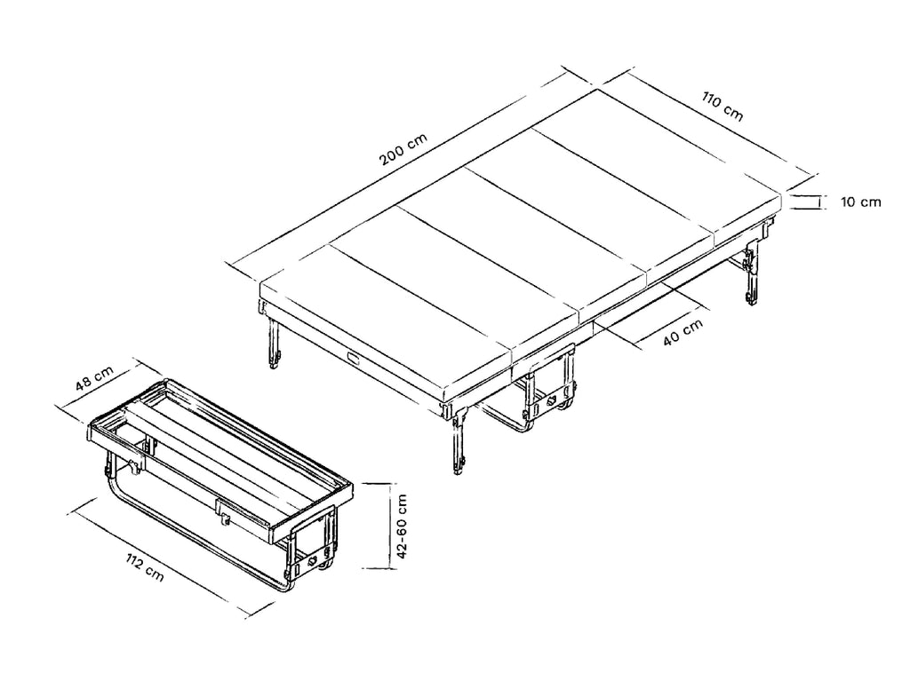 Skizze vom Campingbett mit Maßen in ausgeklappt und zusammengeklappt.