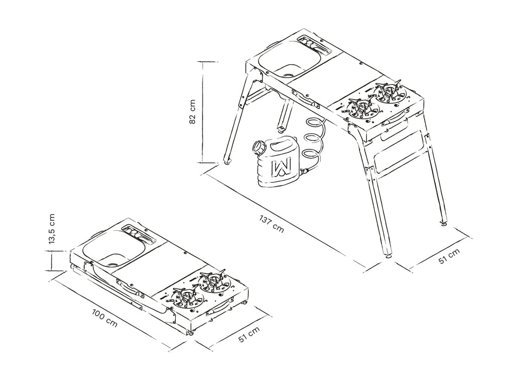 Skizze von der Campingküche mit Maßen in ausgeklappt und zusammengeklappt.