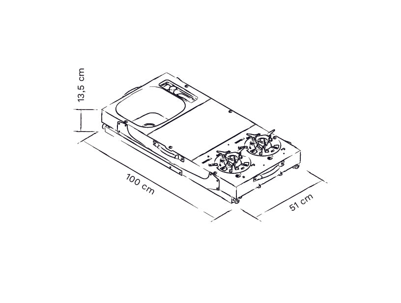 Skizze mit Maßen der zusammengeklappten Campingküche.