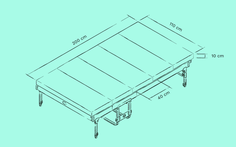 Skizze von Campingbett und seinen Maßen.